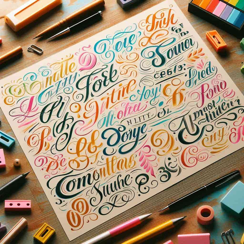 Hoja de papel con diferentes estilos y diseños de lettering en cursiva, muy colorido.