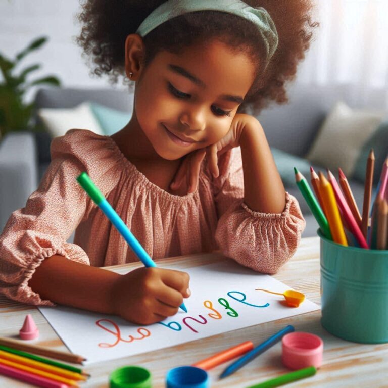 Nina de piel morena y pero rizado haciendo lettering en cursiva a mano. Varios estuches de colores alrededor