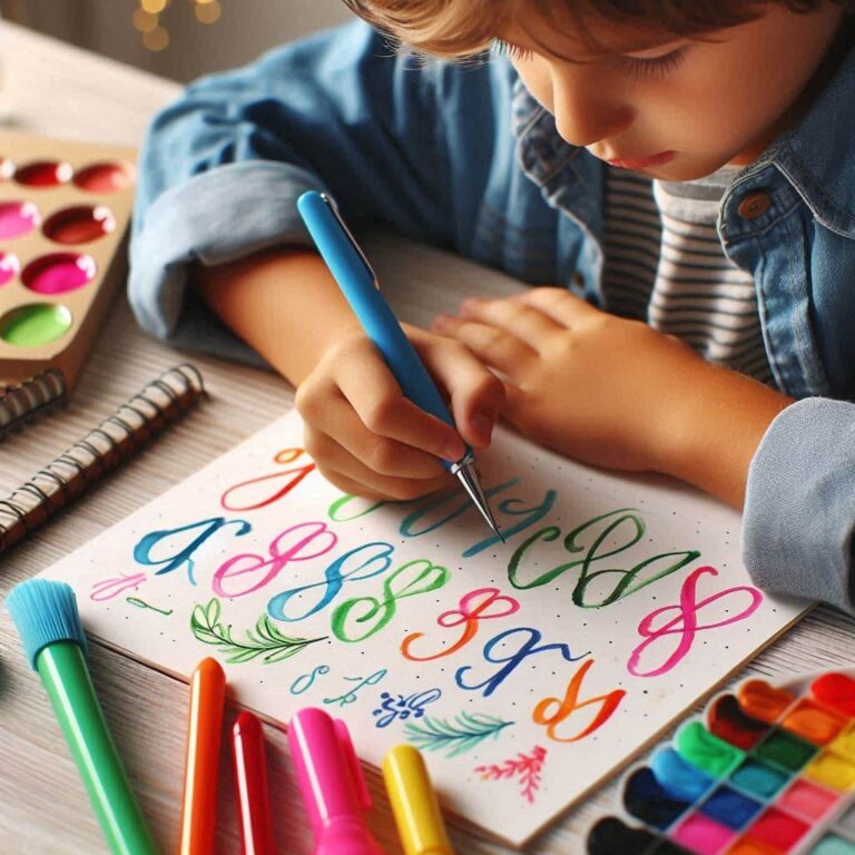 Niño/a dibujando letras cursivas con lettering a mano. Diseños coloridos.